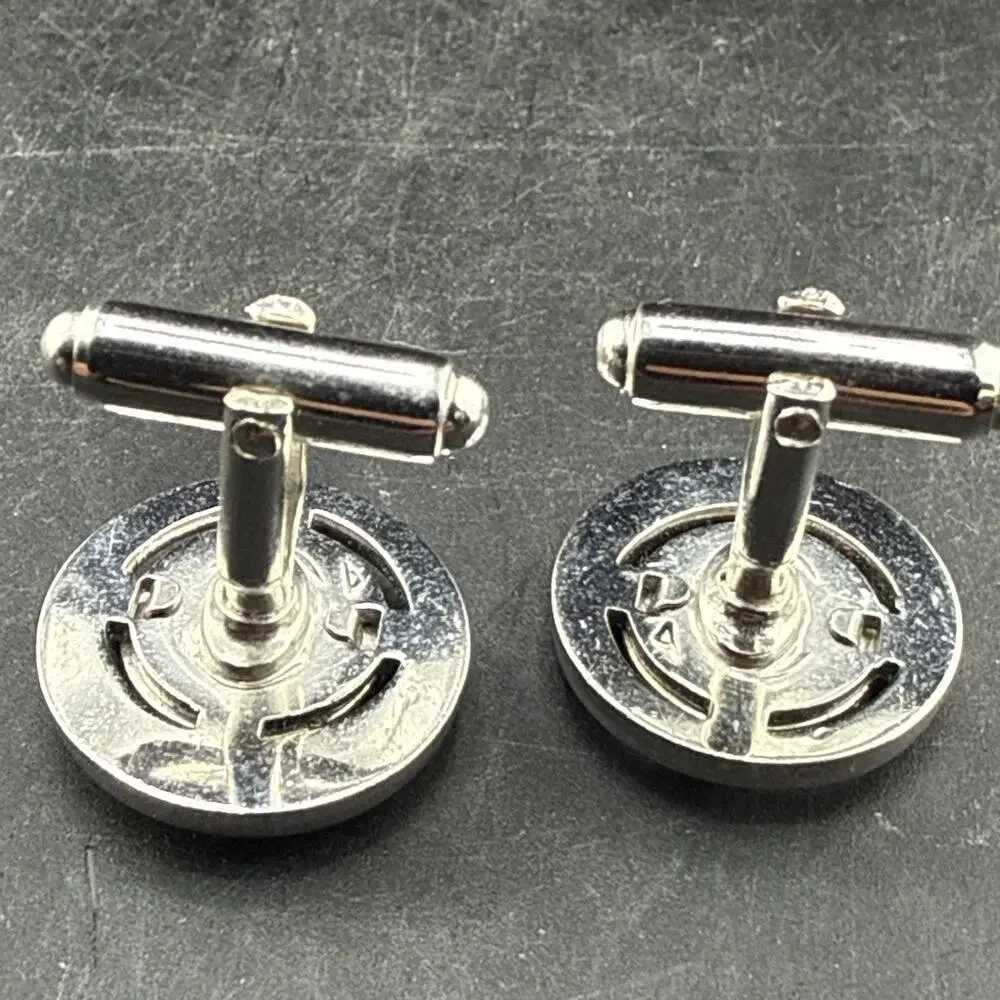 Vintage Silver Tone Black Onyx Look Round Cufflinks Mens Formal Jewelry Pair